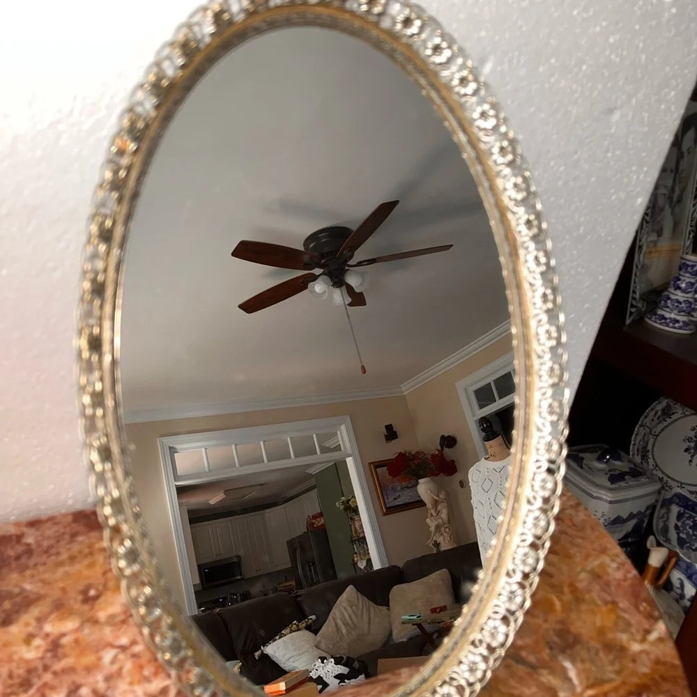 Vintage ornate vanity tray /table top stand mirror. Oval
